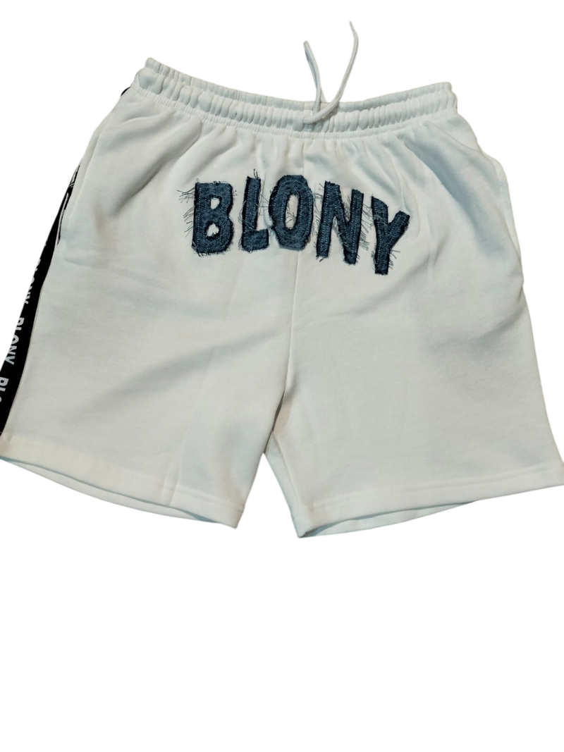white with blue denim distress logo Short