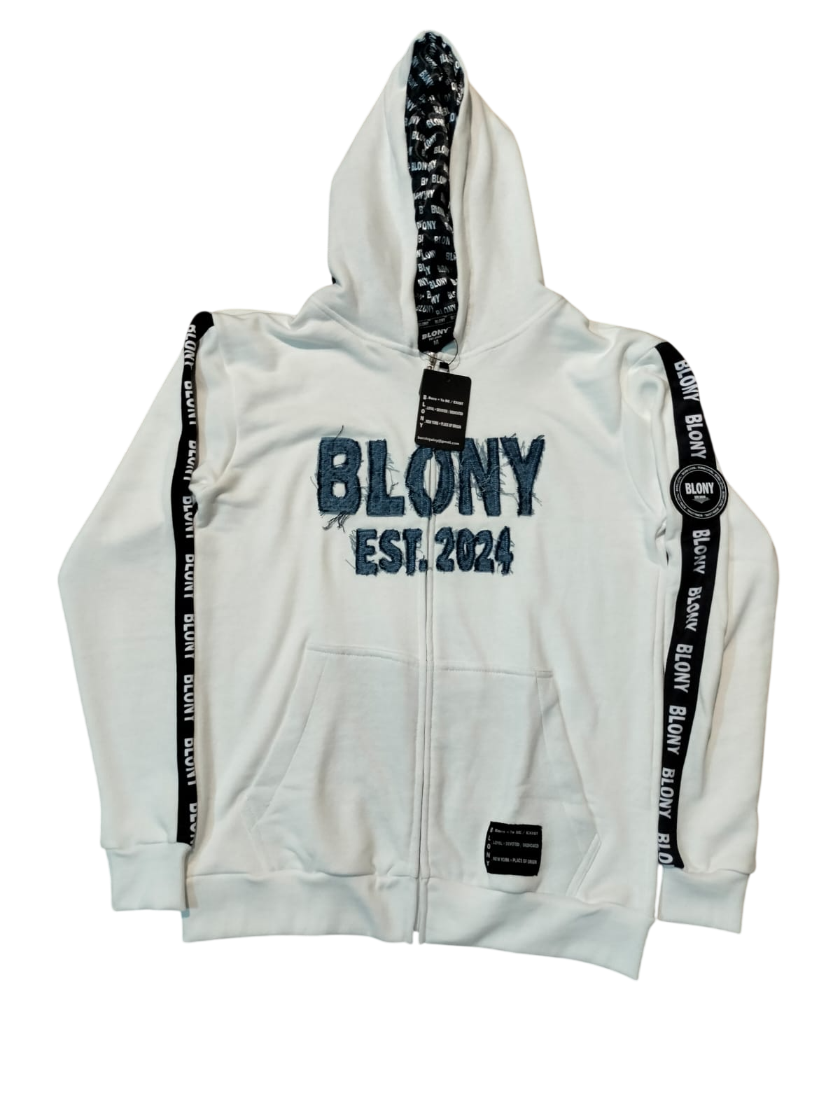 White with blue denim distress logo hoodie