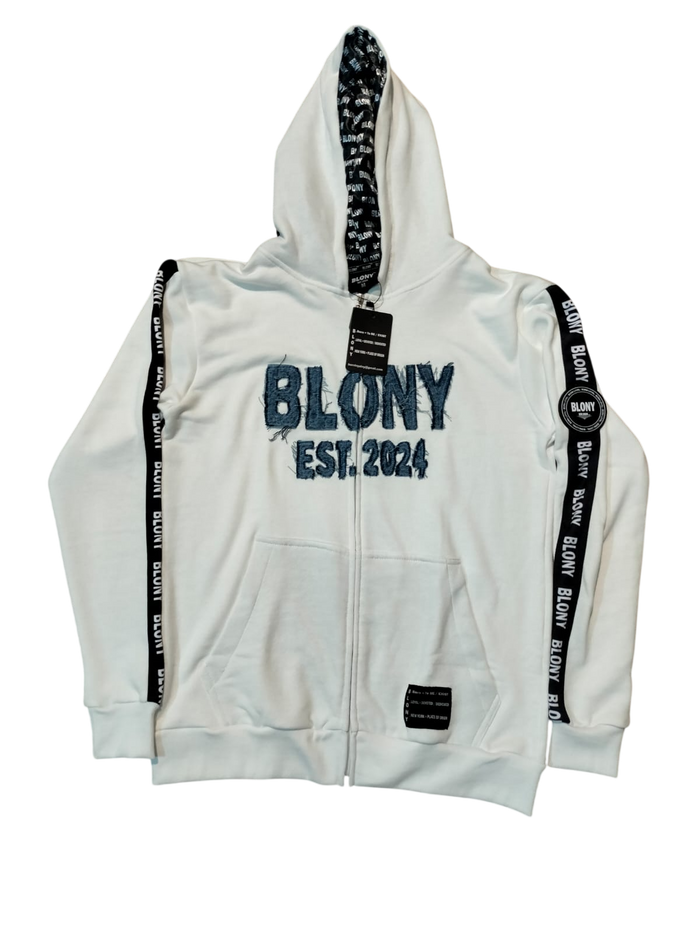 White with blue denim distress logo hoodie