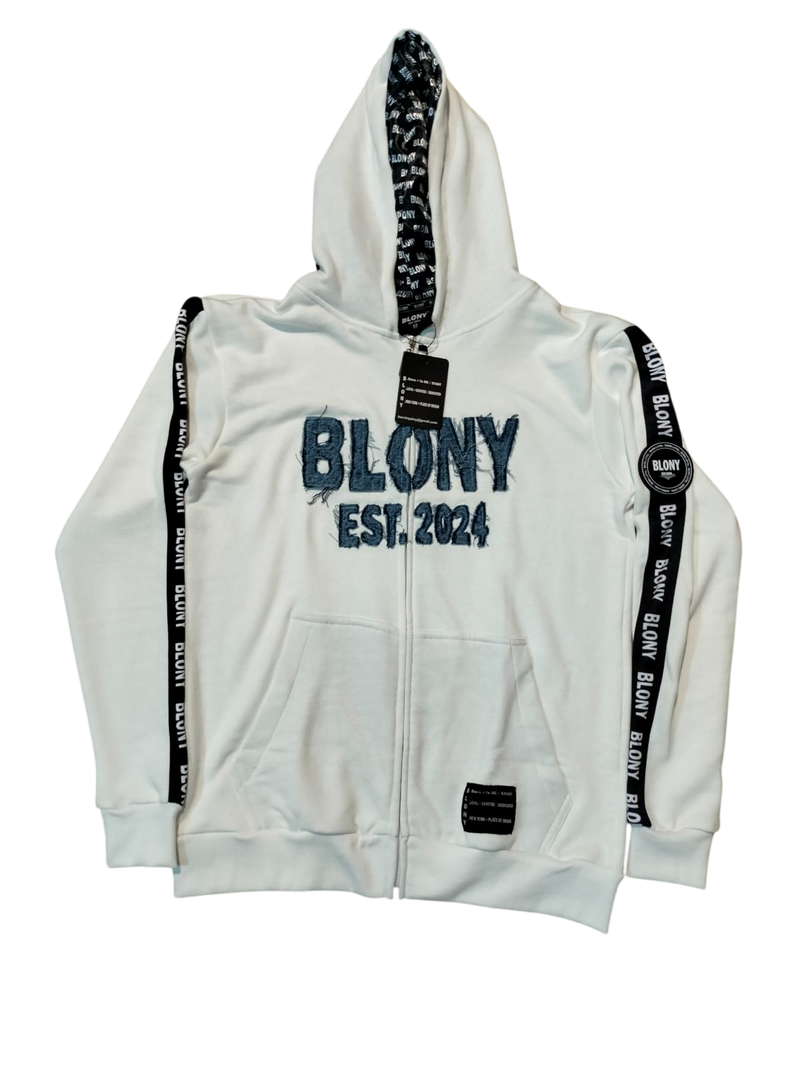 White with blue denim distress logo hoodie