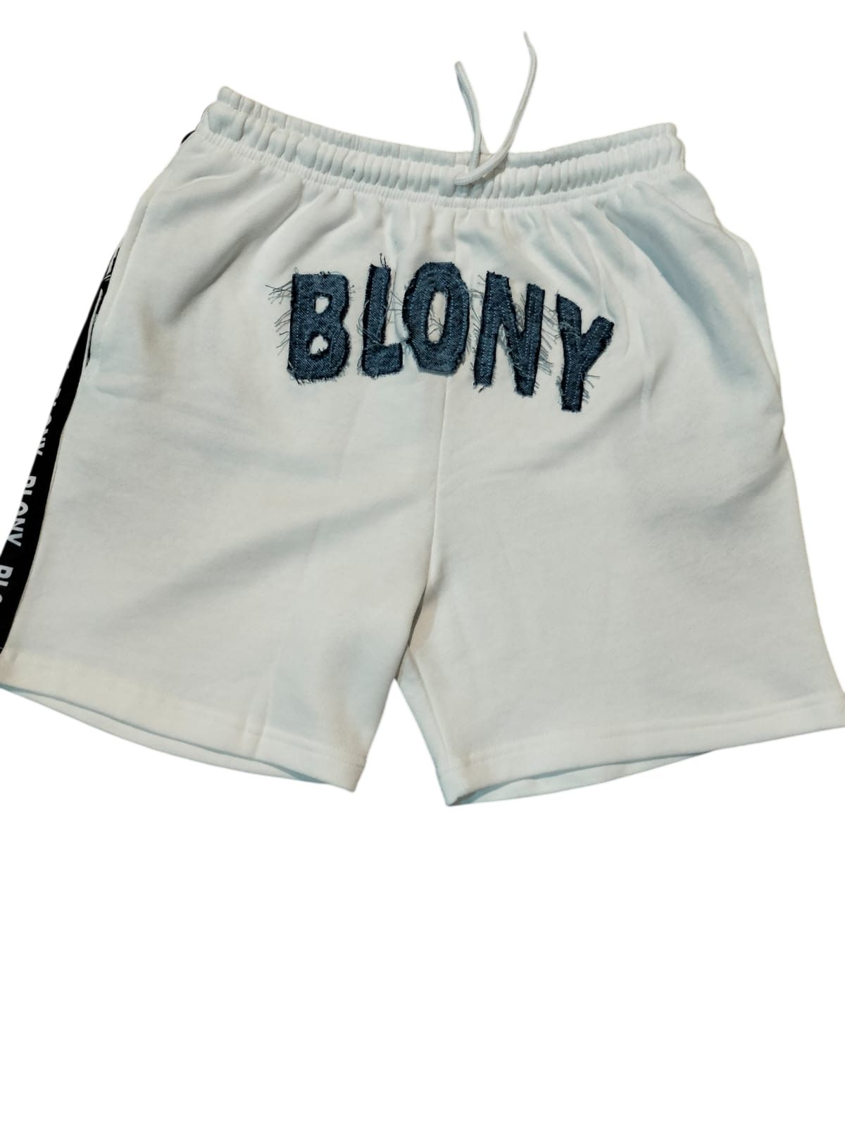 white with blue denim distress logo Short