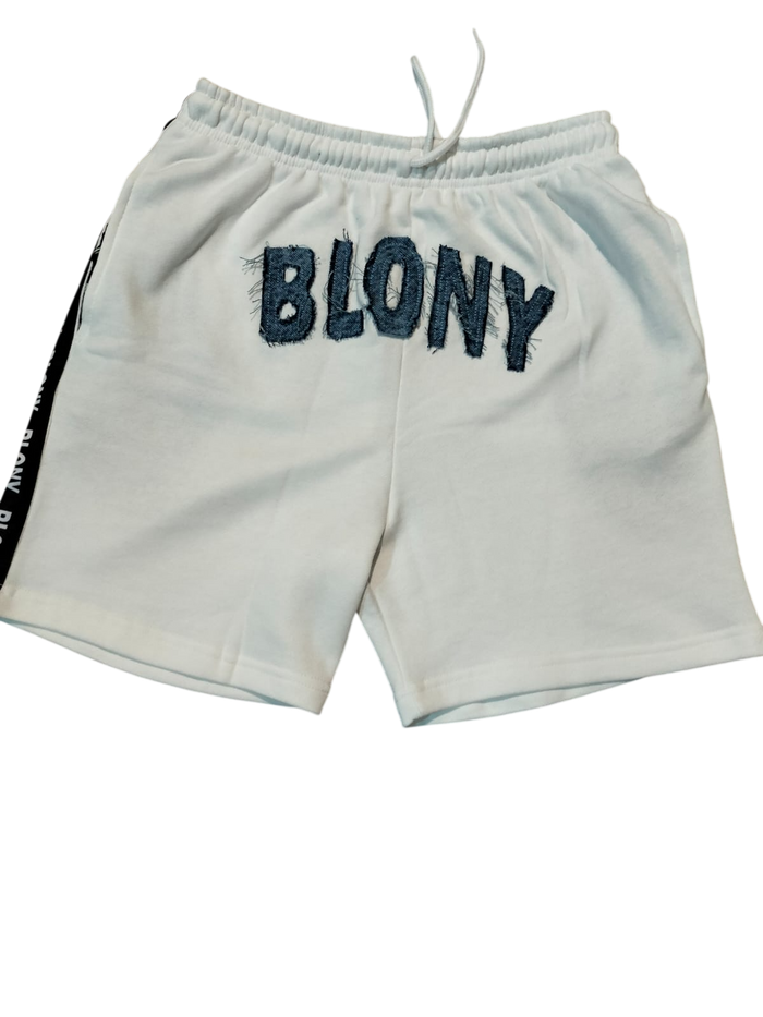 white with blue denim distress logo Short