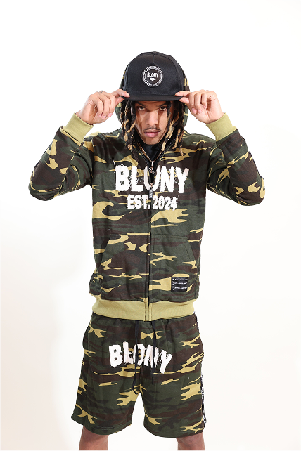 BLONY GREEN CAMOUFLAGE DISTRESSED ZIP UP HOODIE