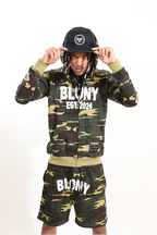 BLONY GREEN CAMOUFLAGE DISTRESSED ZIP UP HOODIE