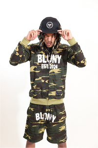 BLONY GREEN CAMOUFLAGE DISTRESSED ZIP UP HOODIE