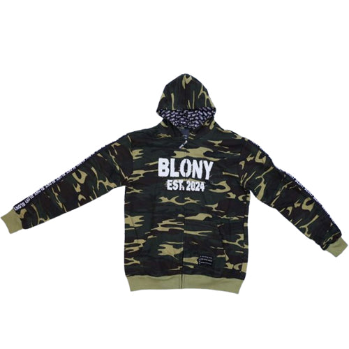 BLONY GREEN CAMOUFLAGE DISTRESSED ZIP UP HOODIE image 0